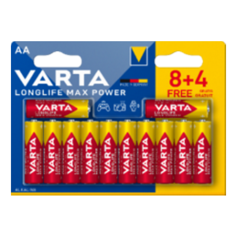 VARTA BLISTER DE 12 PILES (8+4 gratuites) ALCALINE LONGLIFE MAX POWER